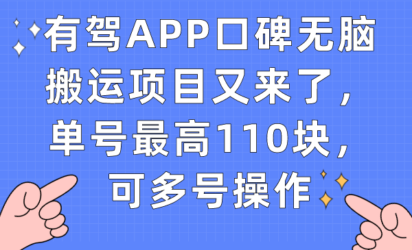 有驾APP口碑无脑搬运项目又来了，单号最高110块，可多号操作-选优云网创