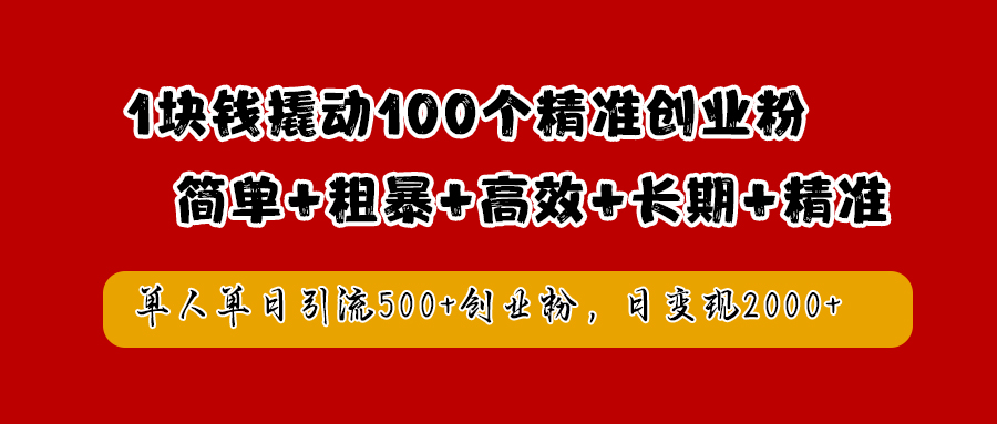 1块钱撬动100个精准创业粉，简单粗暴高效长期精准，单人单日引流500+创业粉，日变现2000+-选优云网创