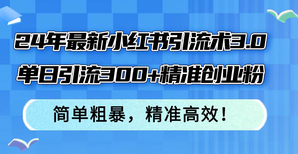 24年最新小红书引流术3.0，单日引流300+精准创业粉，简单粗暴，精准高效！-选优云网创