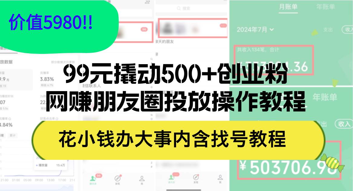 99元撬动500+创业粉，网赚朋友圈投放操作教程价值5980！花小钱办大事内...-选优云网创