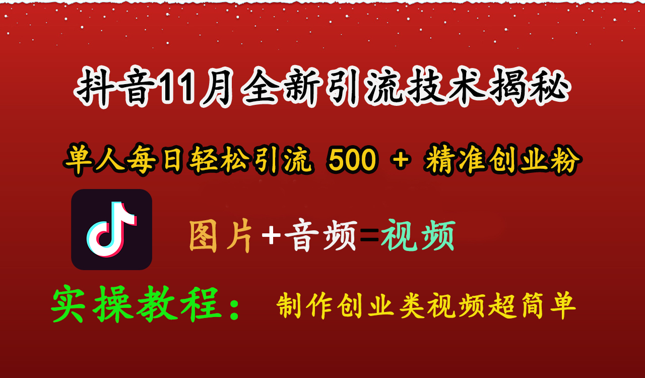 抖音11月全新引流技术，图片+视频 就能轻松制作创业类视频，单人每日轻松引流500+精准创业粉-选优云网创