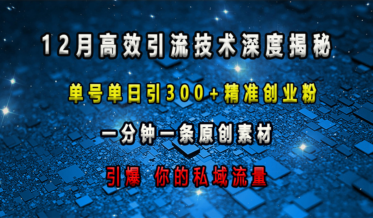 12月高效引流技术深度揭秘 ，单号单日引300+精准创业粉，一分钟一条原创素材，引爆你的私域流量-选优云网创