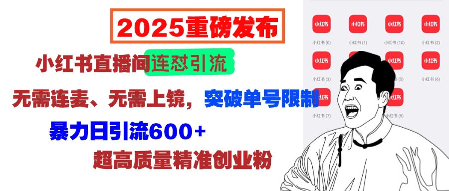 2025重磅发布：小红书直播间连怼引流，无需连麦、无需上镜，突破单号限制，暴力日引流600+超高质量精准创业粉-选优云网创